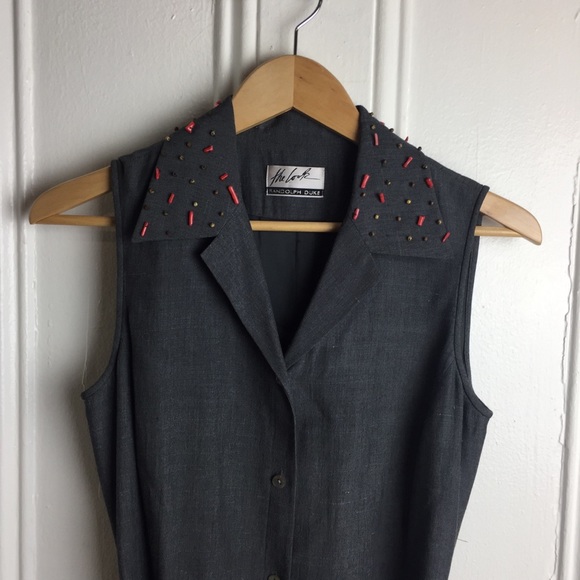 Vintage gray button up wrap dress embroidered - Picture 3 of 5